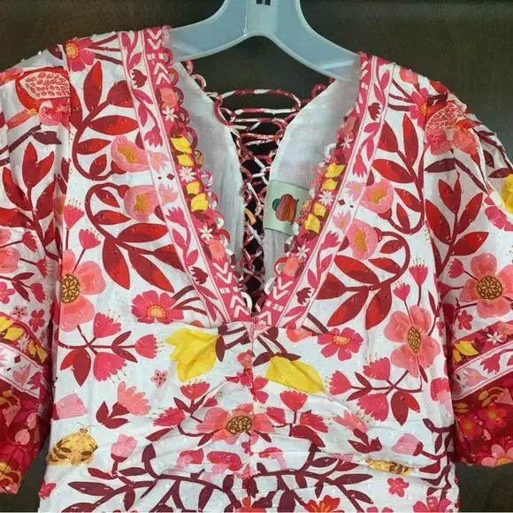 Farm Rio size XS romantic orchard tiered midi dress pink red white - Picture 7 of 15